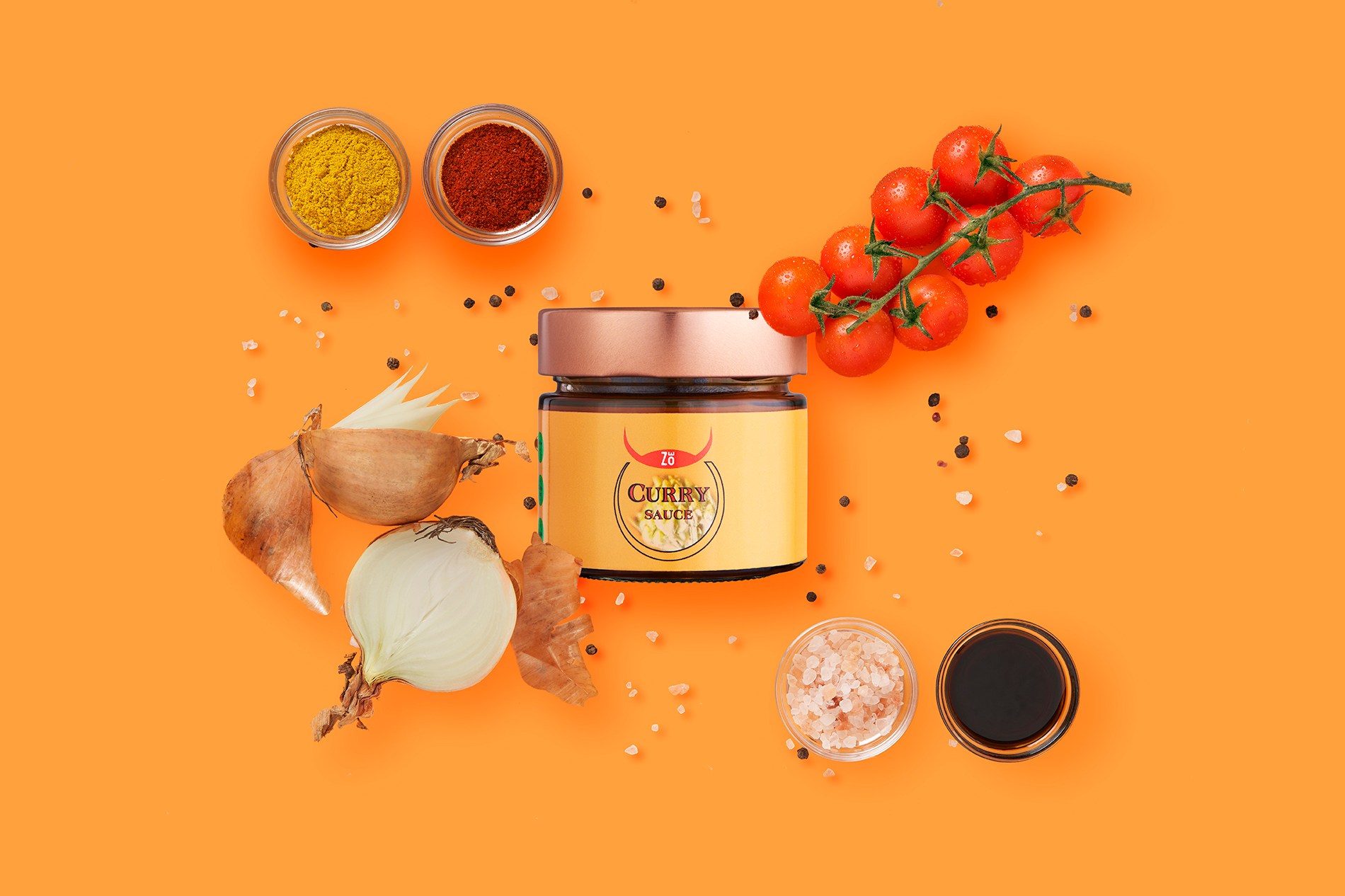 Zoes Curry Sauce orange Background with ingredients