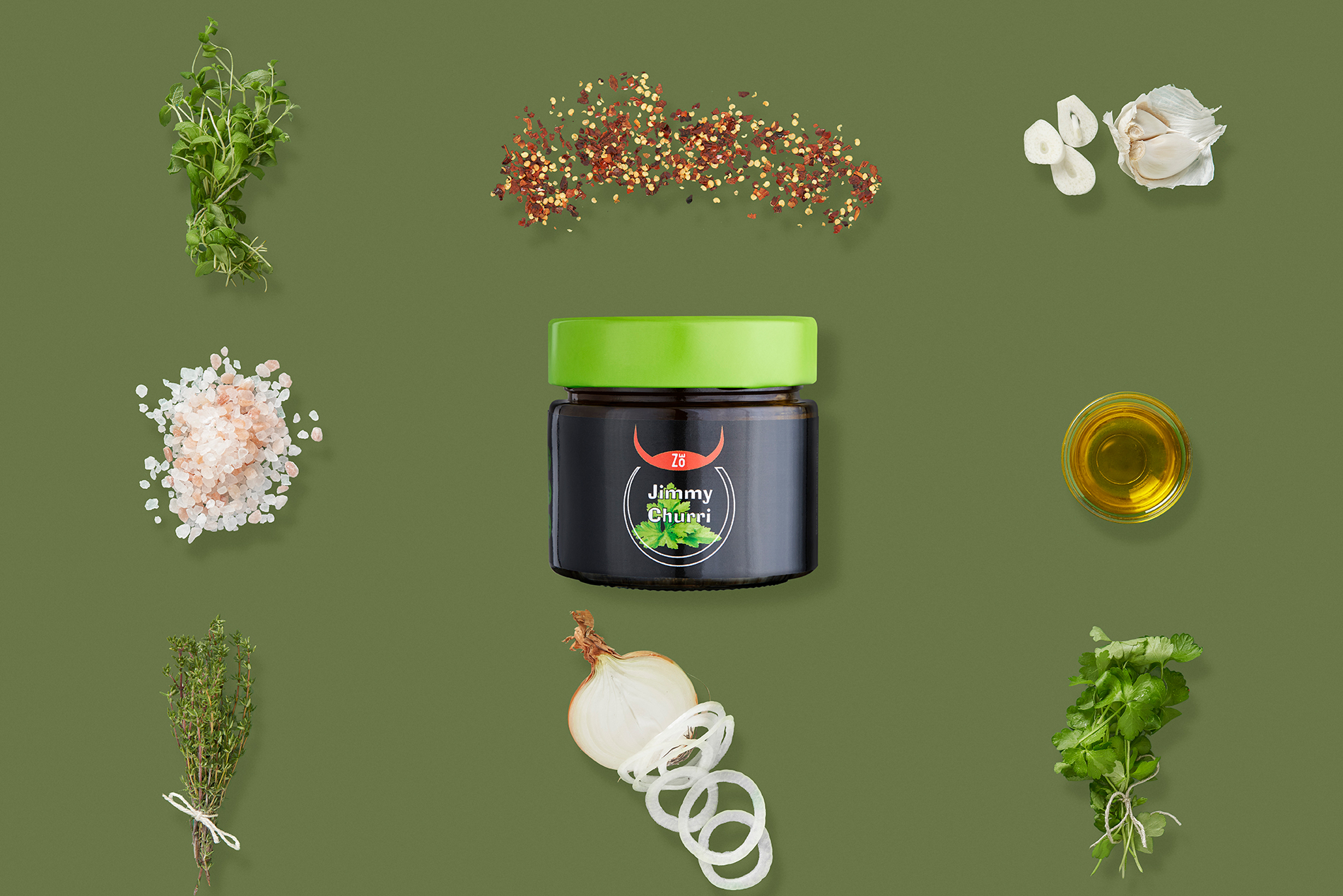 Zoes Chimichurri Sauce green Background with ingredients